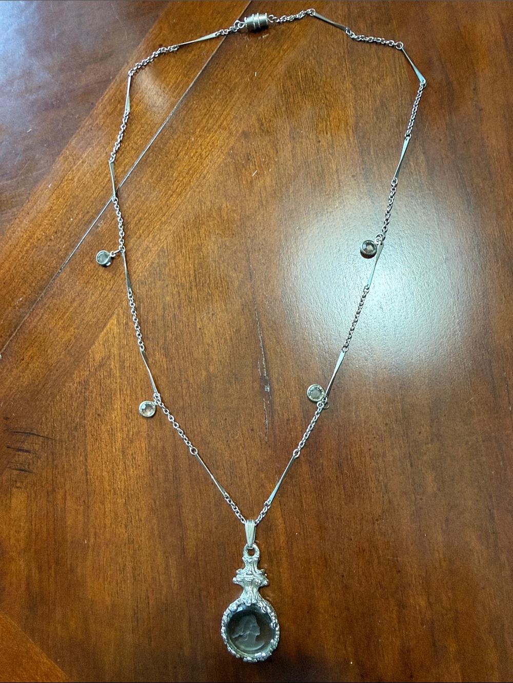 Vintage Goldette Silver-Tone Cameo Pendant Necklace with Smokey stone Accents